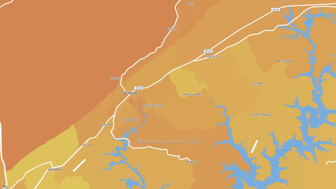 Map of the best neighborhoods in the Lafollette area, with better matches in green and worse matches in red