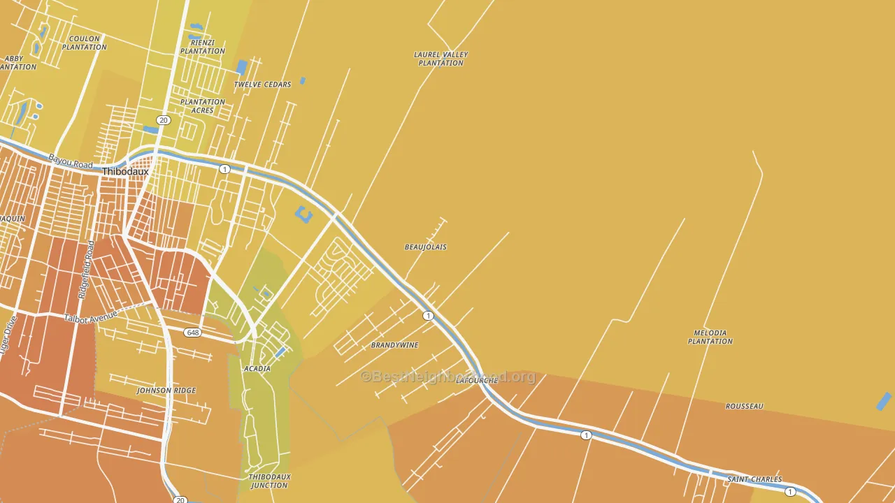 Map of the best neighborhoods in the Lafourche area, with better matches in green and worse matches in red
