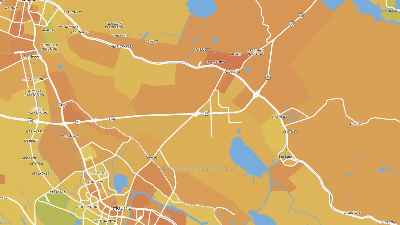 Map of the best neighborhoods in the Lafourche Parish area, with better matches in green and worse matches in red