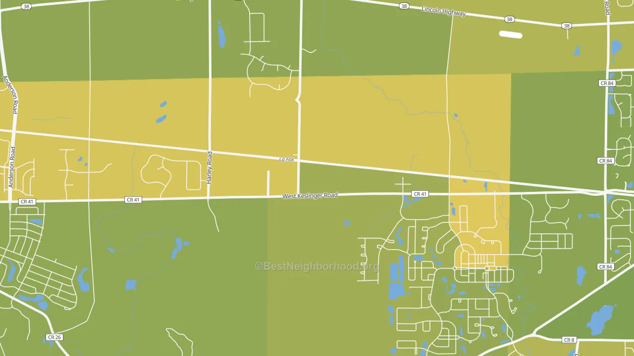 Map of the best neighborhoods in the Lafox area, with better matches in green and worse matches in red