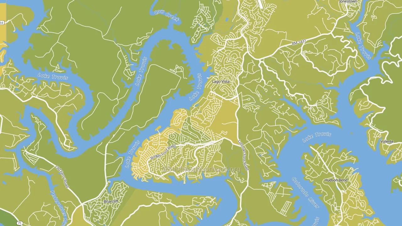 Map of the best neighborhoods in the Lago Vista area, with better matches in green and worse matches in red