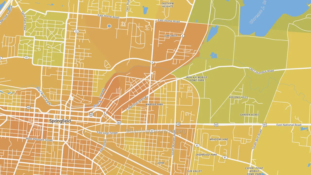 Map of the best neighborhoods in the Lagonda, Springfield area, with better matches in green and worse matches in red