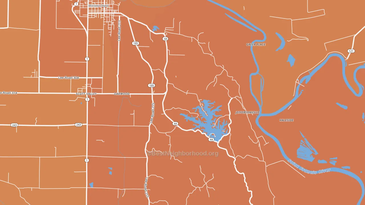 Map of the best neighborhoods in the Lagrange area, with better matches in green and worse matches in red