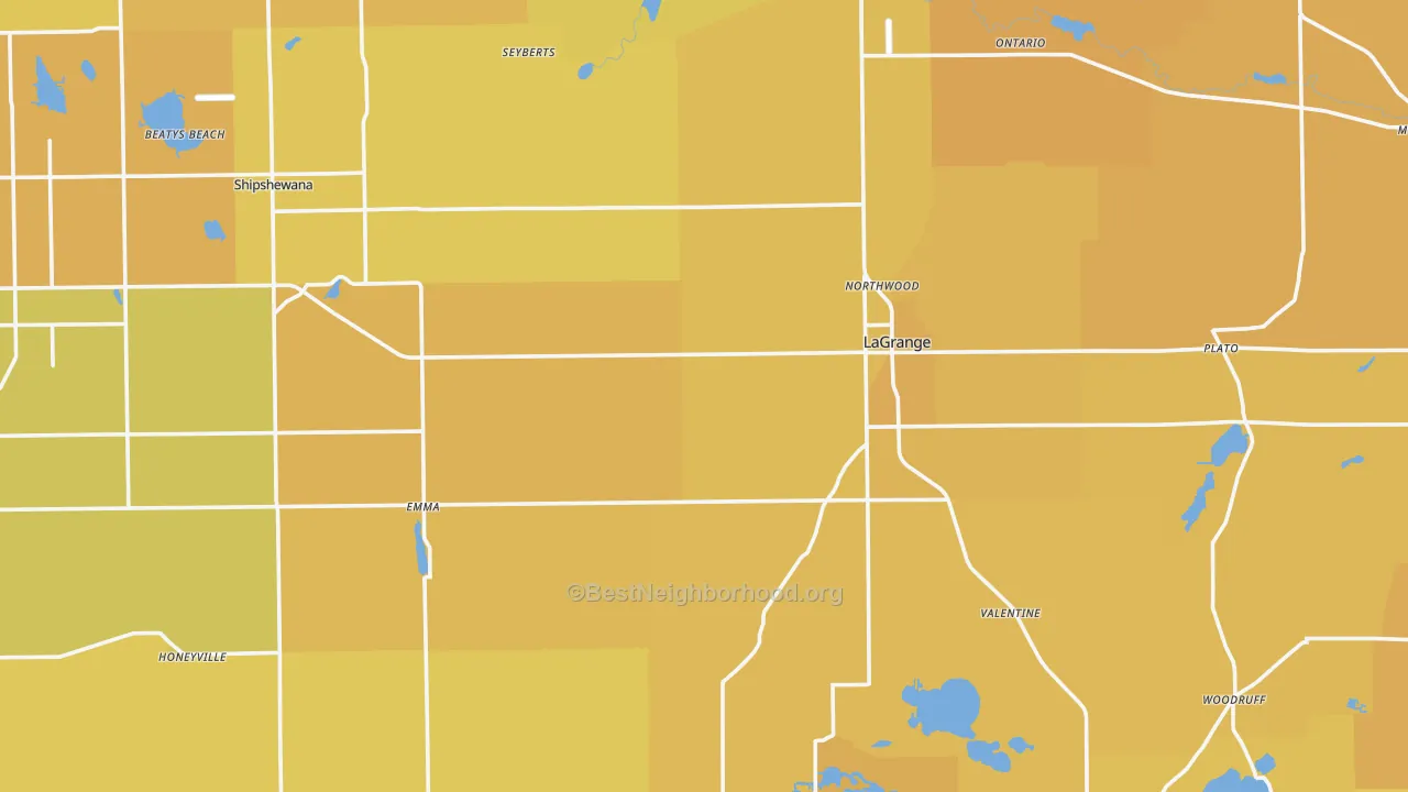Map of the best neighborhoods in the LaGrange County area, with better matches in green and worse matches in red