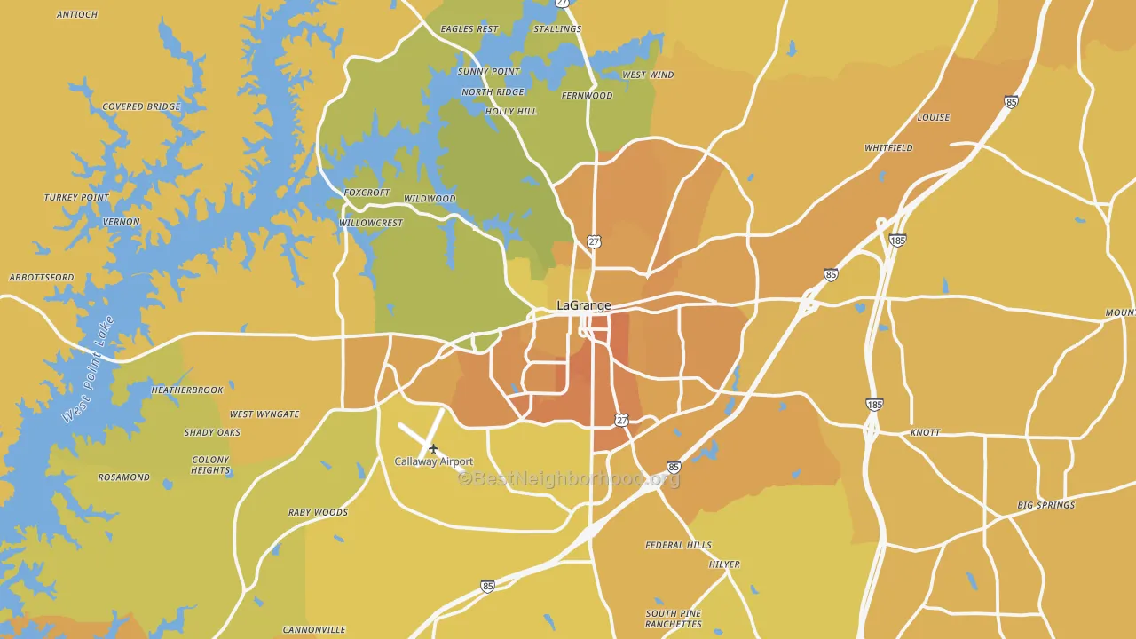 Map of the best neighborhoods in the Lagrange area, with better matches in green and worse matches in red