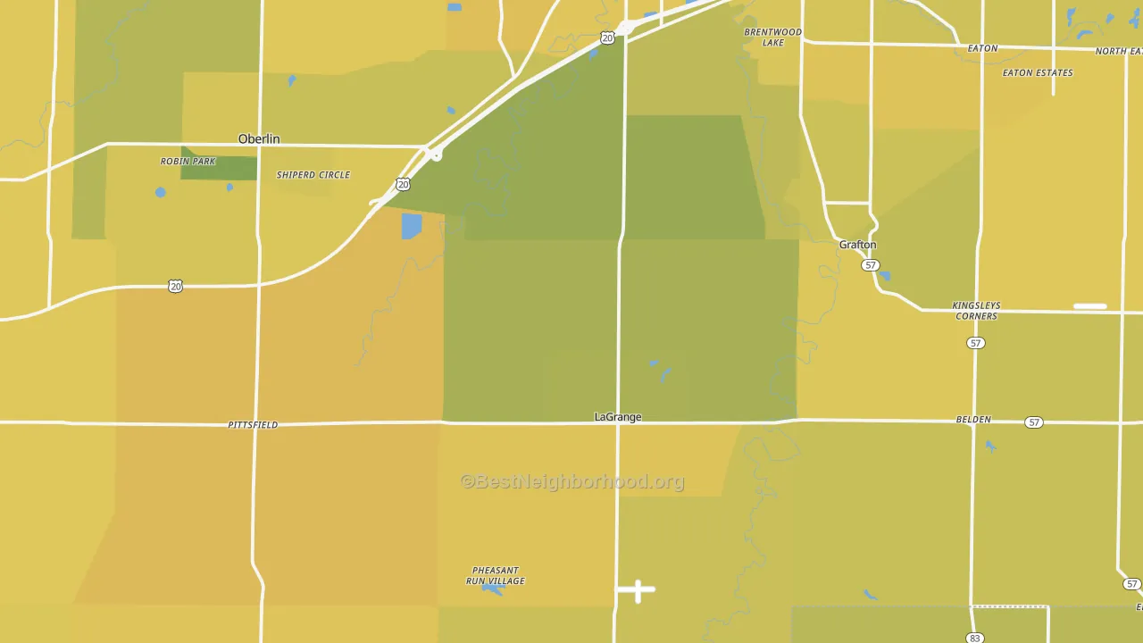 Map of the best neighborhoods in the Lagrange area, with better matches in green and worse matches in red