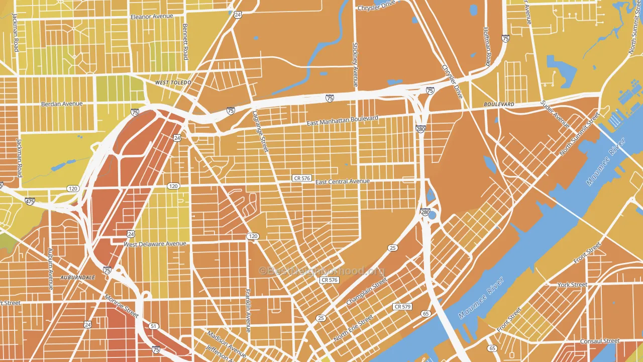 Map of the best neighborhoods in the LaGrange, Toledo area, with better matches in green and worse matches in red
