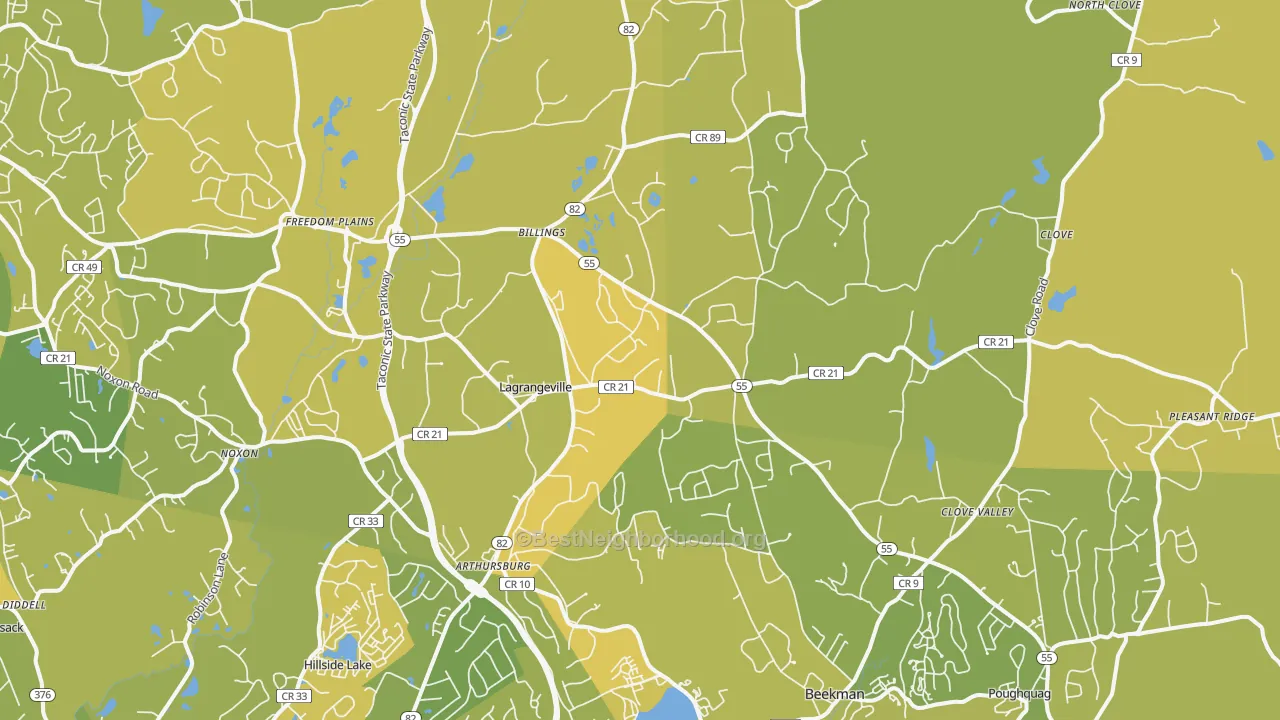 Map of the best neighborhoods in the Lagrangeville area, with better matches in green and worse matches in red