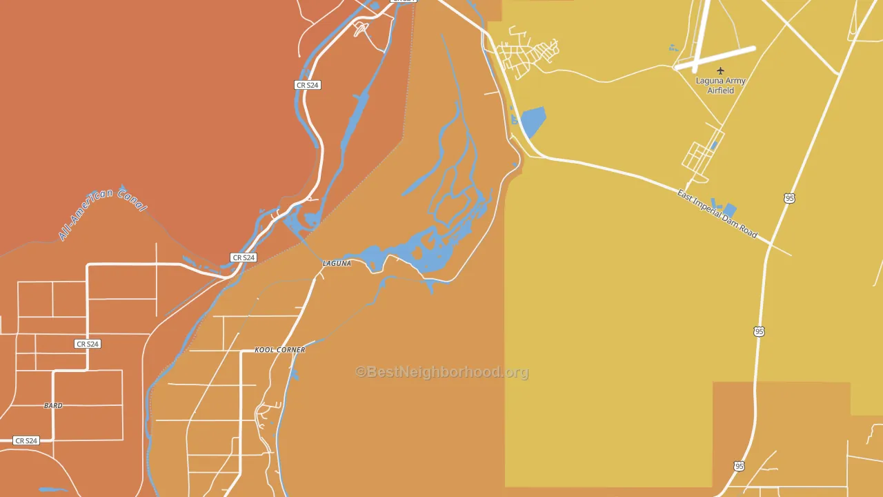 Map of the best neighborhoods in the Laguna area, with better matches in green and worse matches in red