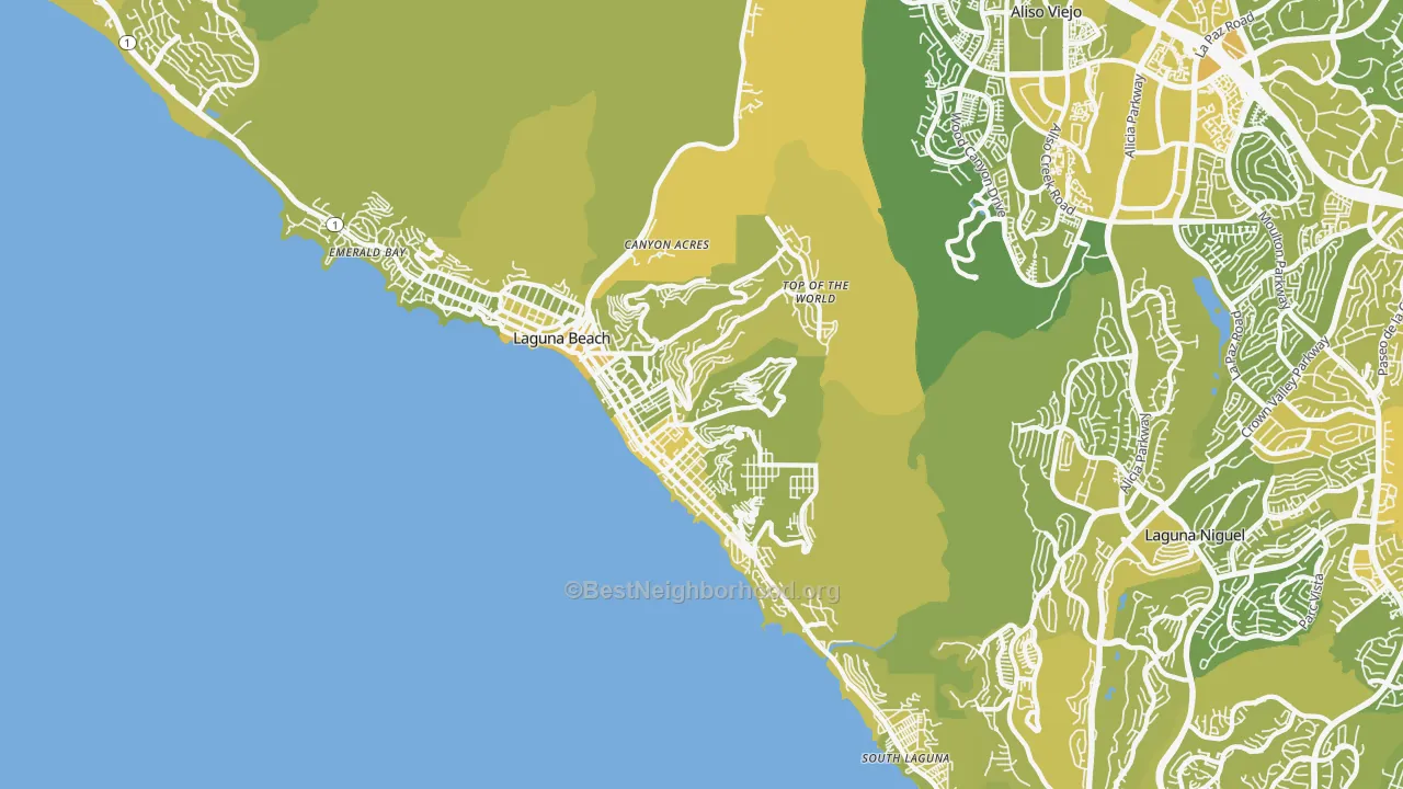 Map of the best neighborhoods in the Laguna Beach area, with better matches in green and worse matches in red