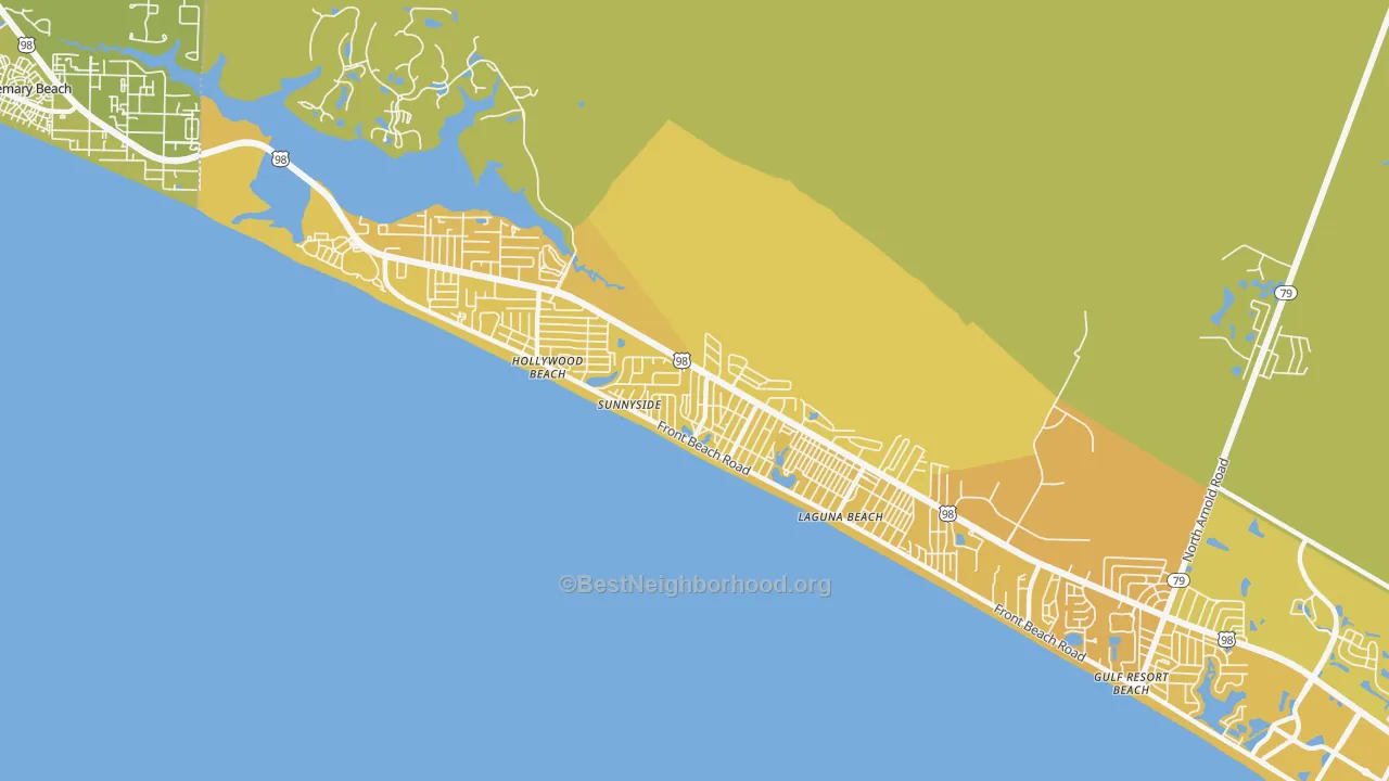 Map of the best neighborhoods in the Laguna Beach area, with better matches in green and worse matches in red