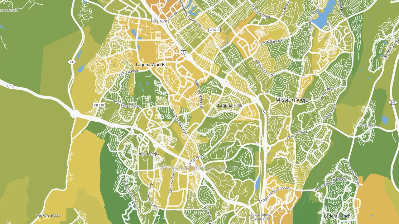 Map of the best neighborhoods in the Laguna Hills area, with better matches in green and worse matches in red