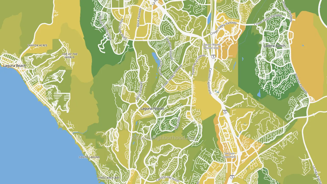 Map of the best neighborhoods in the Laguna Niguel area, with better matches in green and worse matches in red