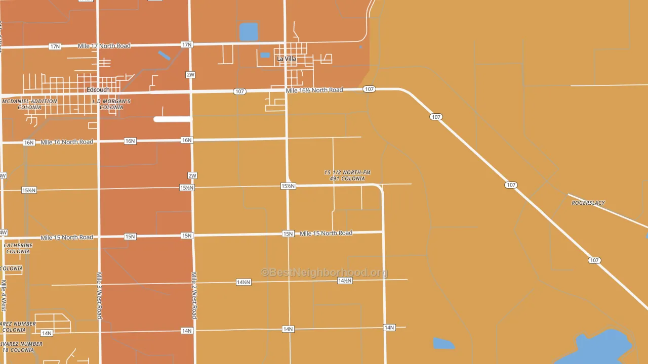 Map of the best neighborhoods in the Laguna Seca area, with better matches in green and worse matches in red