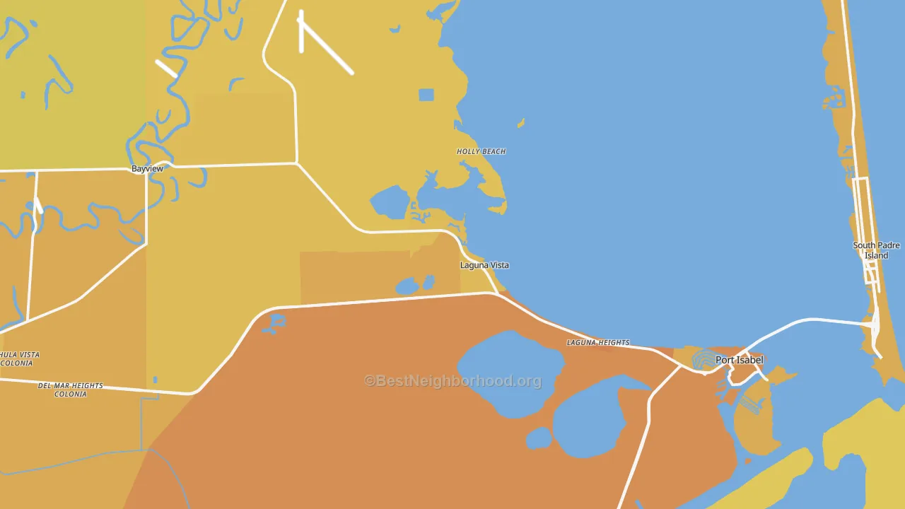 Map of the best neighborhoods in the Laguna Vista area, with better matches in green and worse matches in red