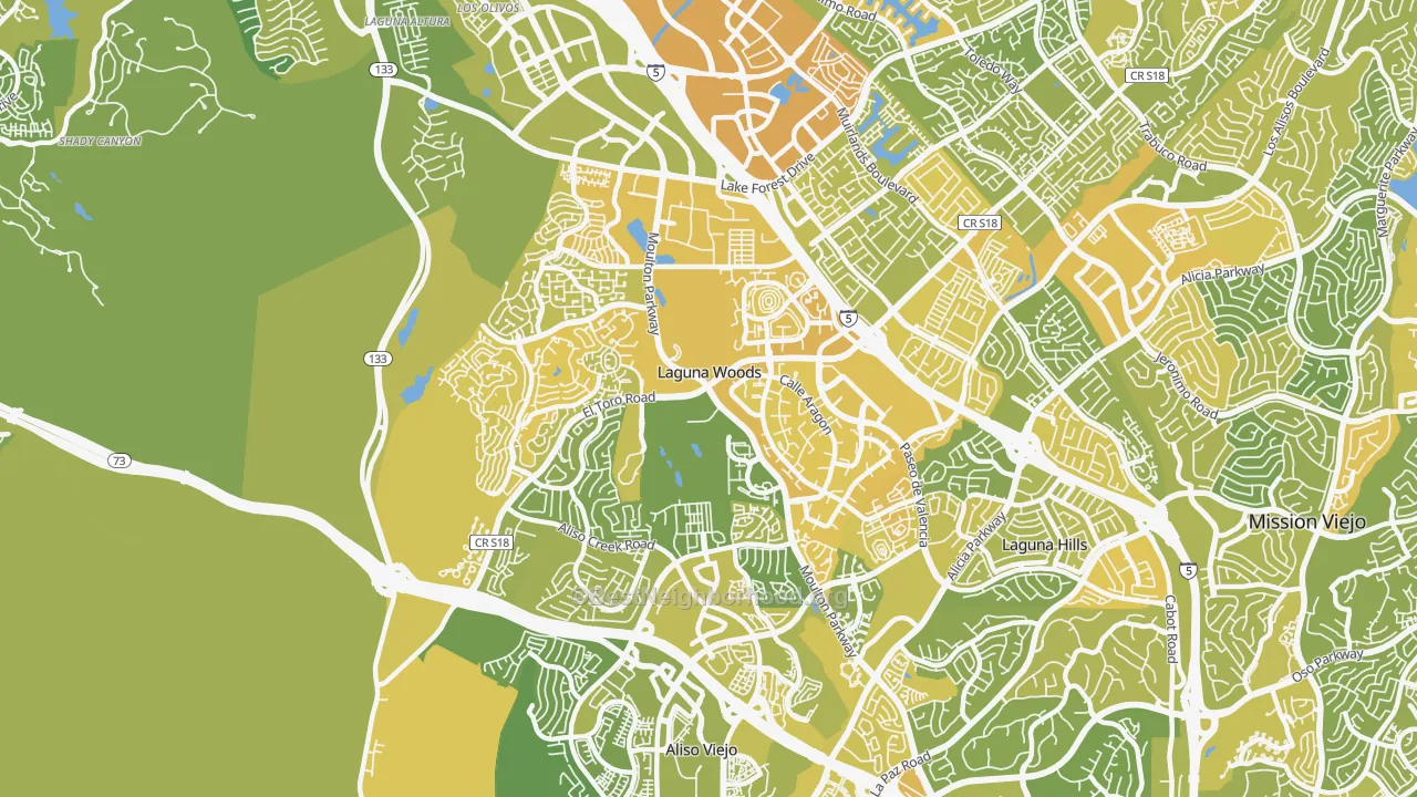 Map of the best neighborhoods in the Laguna Woods area, with better matches in green and worse matches in red