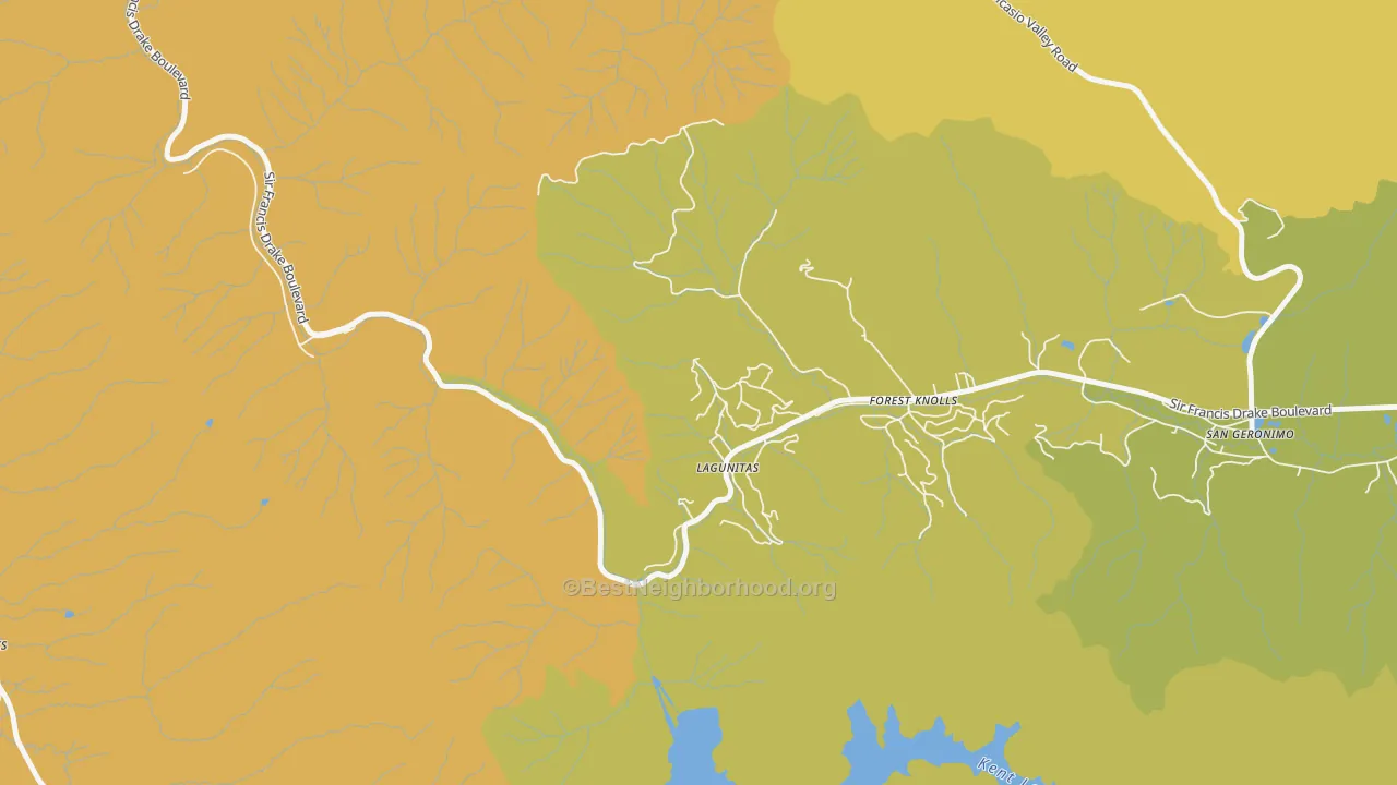 Map of the best neighborhoods in the Lagunitas area, with better matches in green and worse matches in red