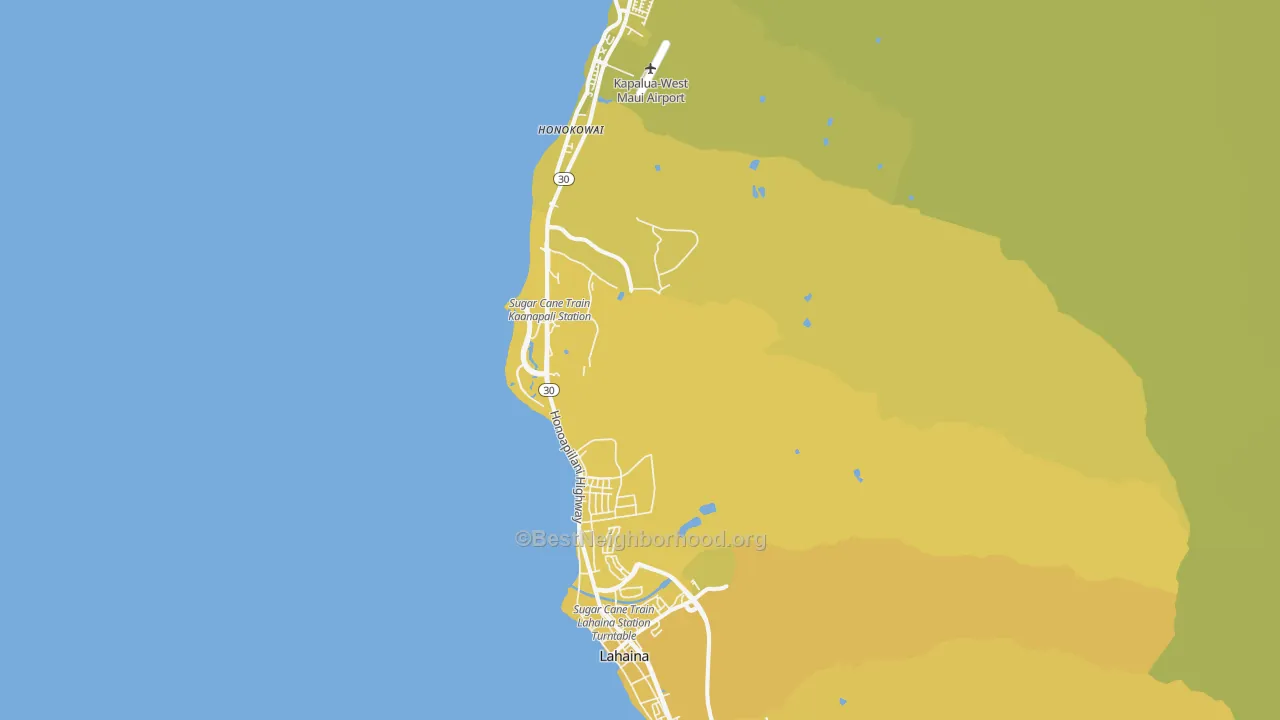 Map of the best neighborhoods in the Lahaina area, with better matches in green and worse matches in red