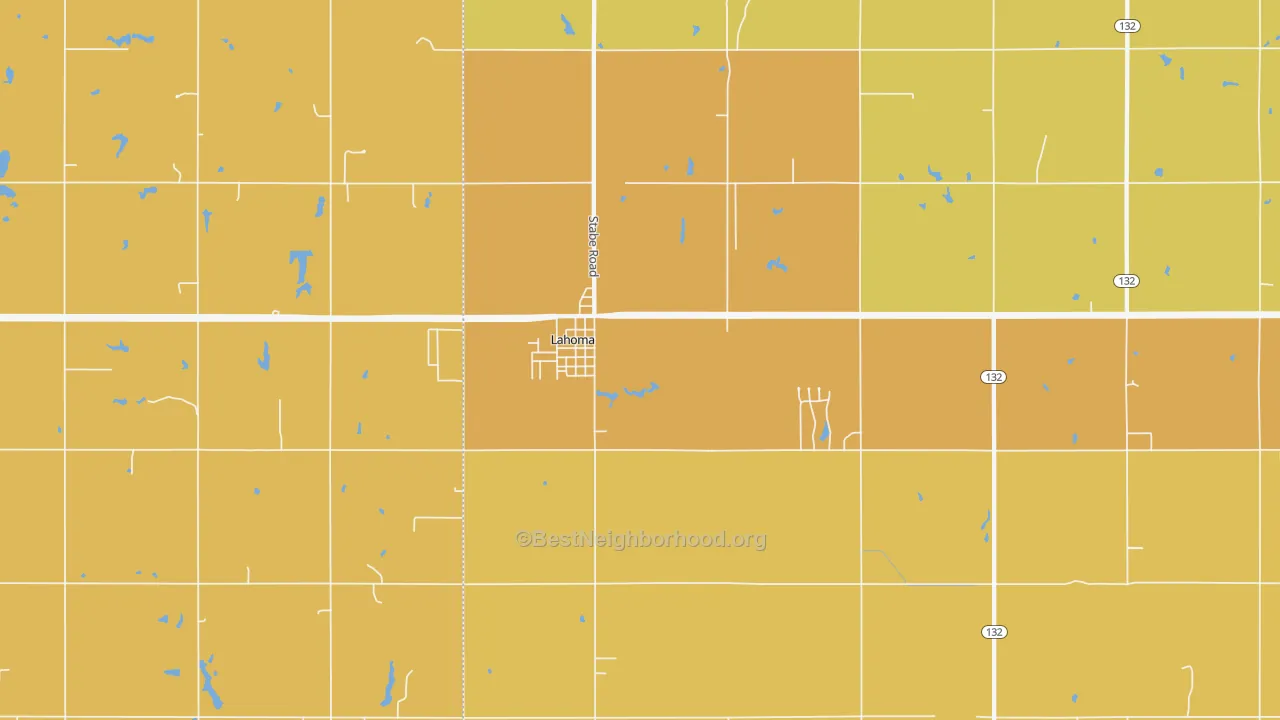 Map of the best neighborhoods in the Lahoma area, with better matches in green and worse matches in red