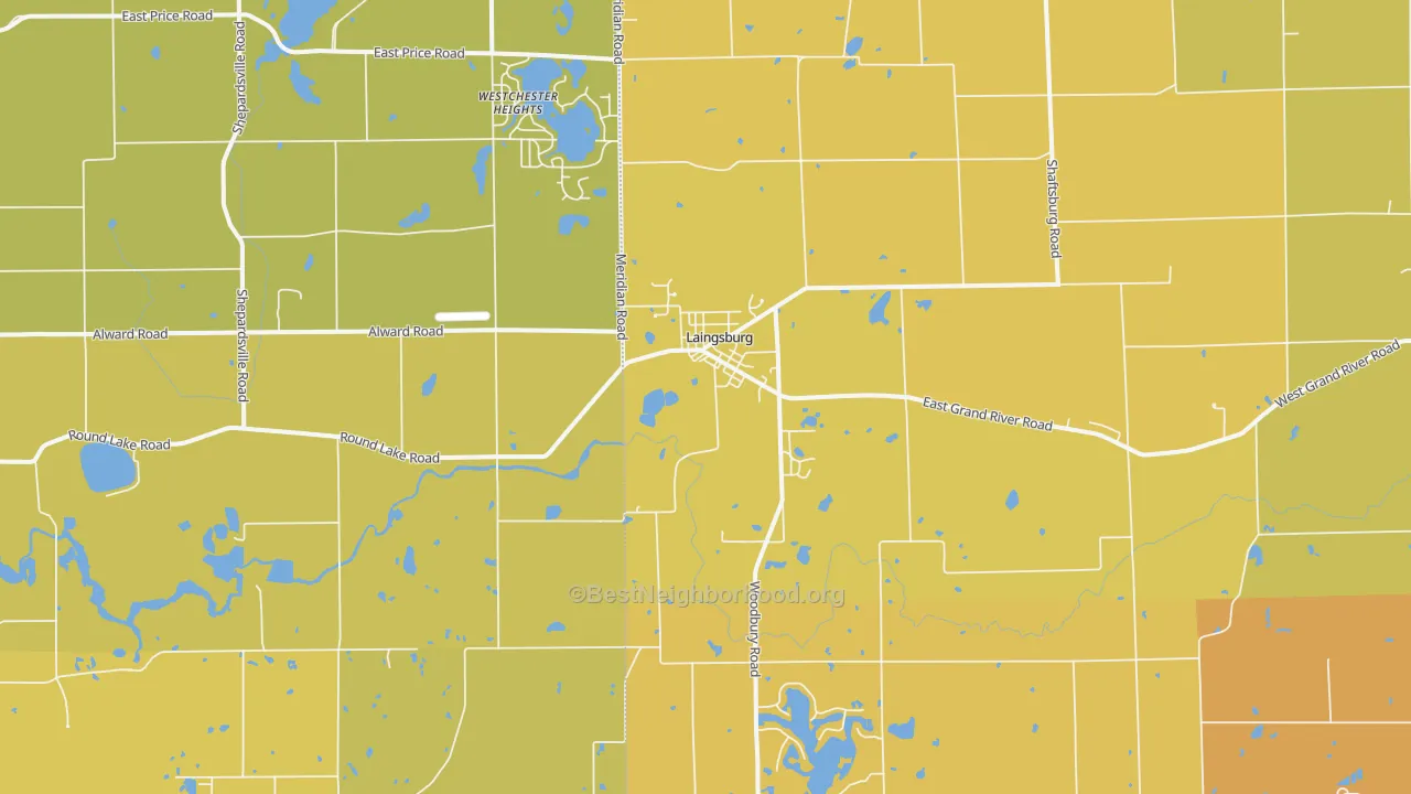 Map of the best neighborhoods in the Laingsburg area, with better matches in green and worse matches in red