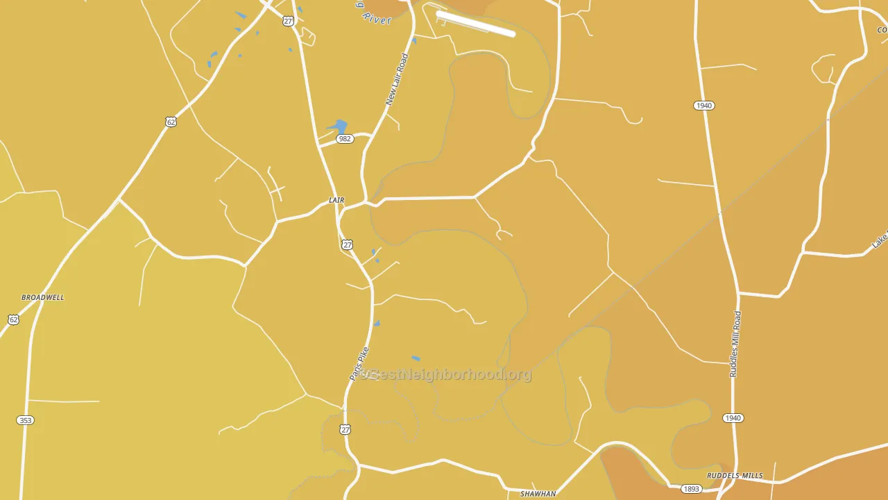 Map of the best neighborhoods in the Lair area, with better matches in green and worse matches in red