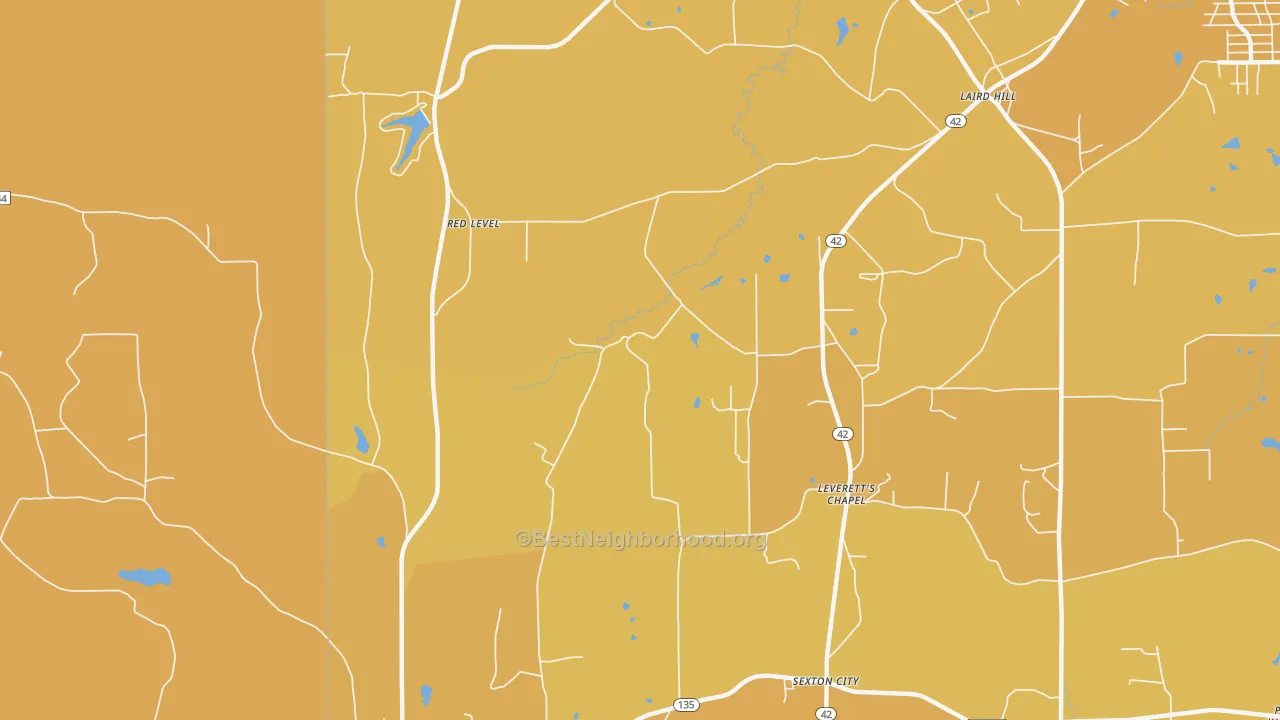 Map of the best neighborhoods in the Laird Hill area, with better matches in green and worse matches in red