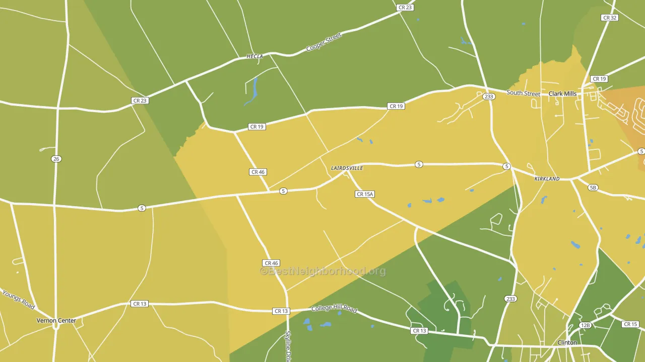 Map of the best neighborhoods in the Lairdsville area, with better matches in green and worse matches in red