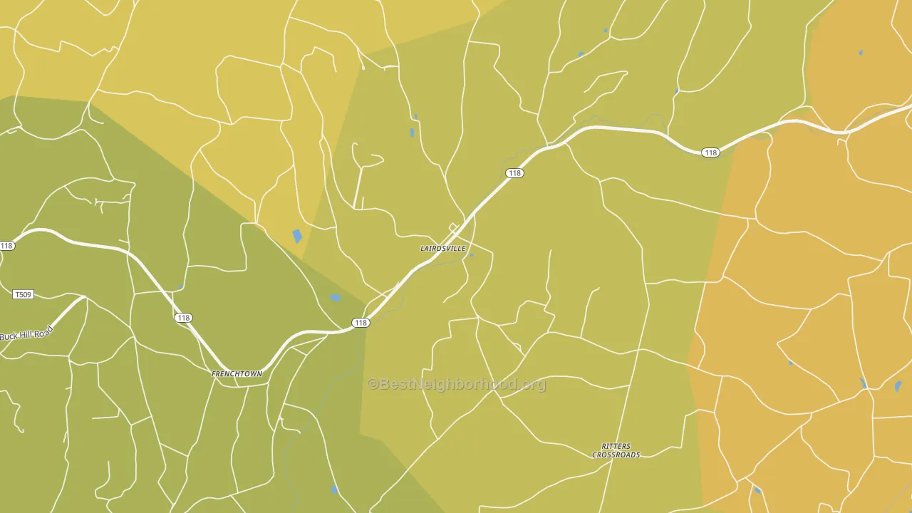 Map of the best neighborhoods in the Lairdsville area, with better matches in green and worse matches in red