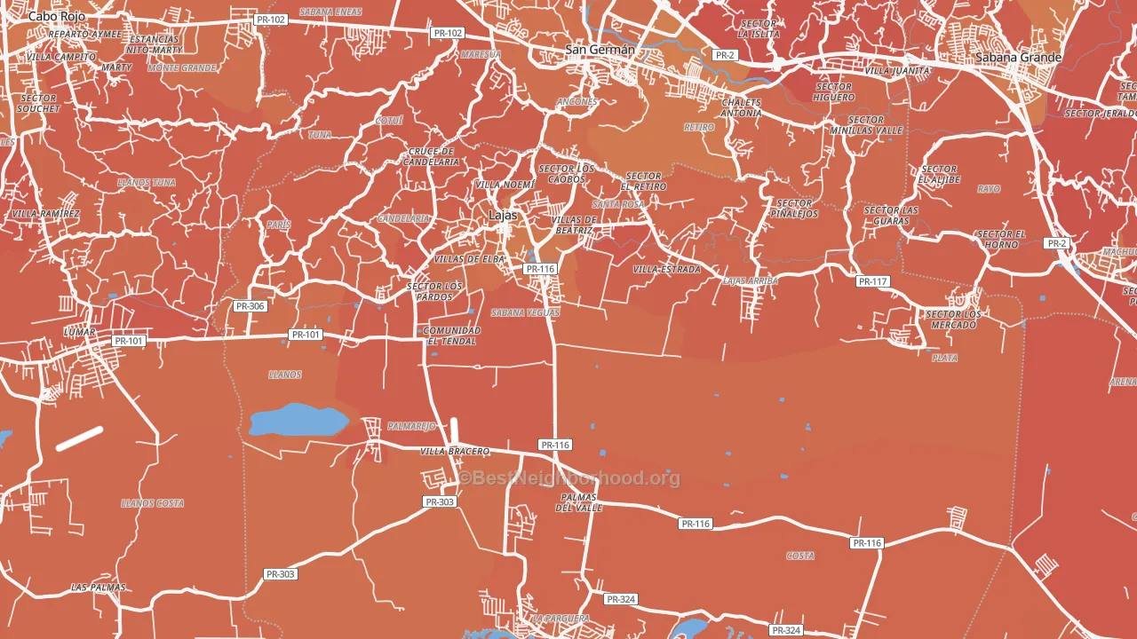 Map of the best neighborhoods in the Lajas Municipio area, with better matches in green and worse matches in red