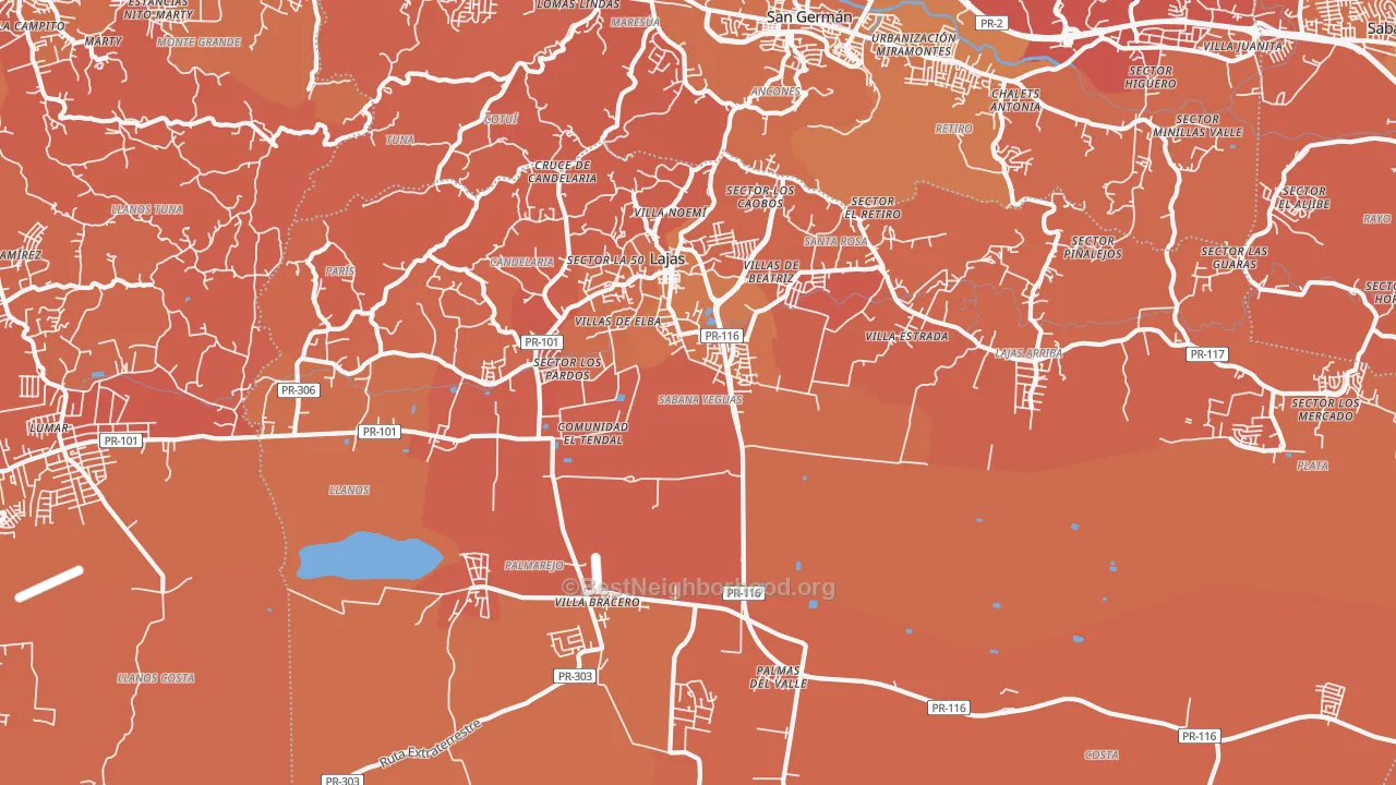 Map of the best neighborhoods in the Lajas area, with better matches in green and worse matches in red