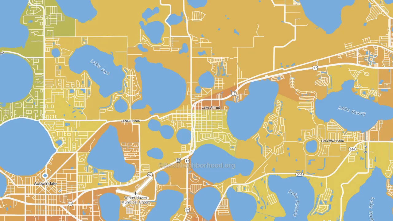 Map of the best neighborhoods in the Lake Alfred area, with better matches in green and worse matches in red
