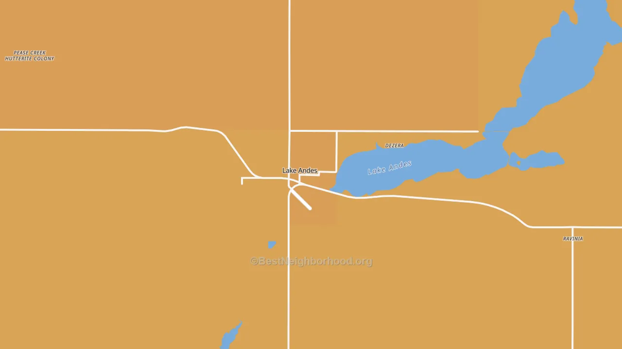 Map of the best neighborhoods in the Lake Andes area, with better matches in green and worse matches in red