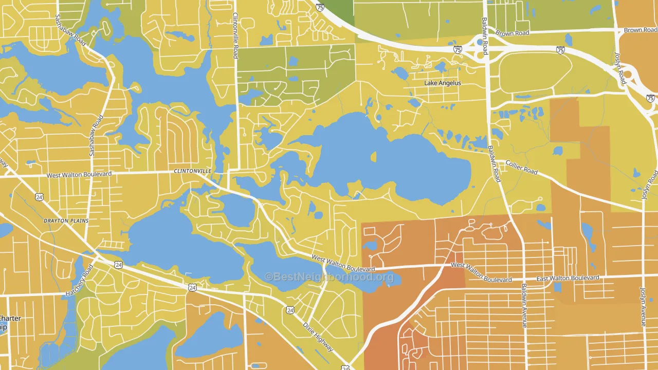 Map of the best neighborhoods in the Lake Angelus area, with better matches in green and worse matches in red