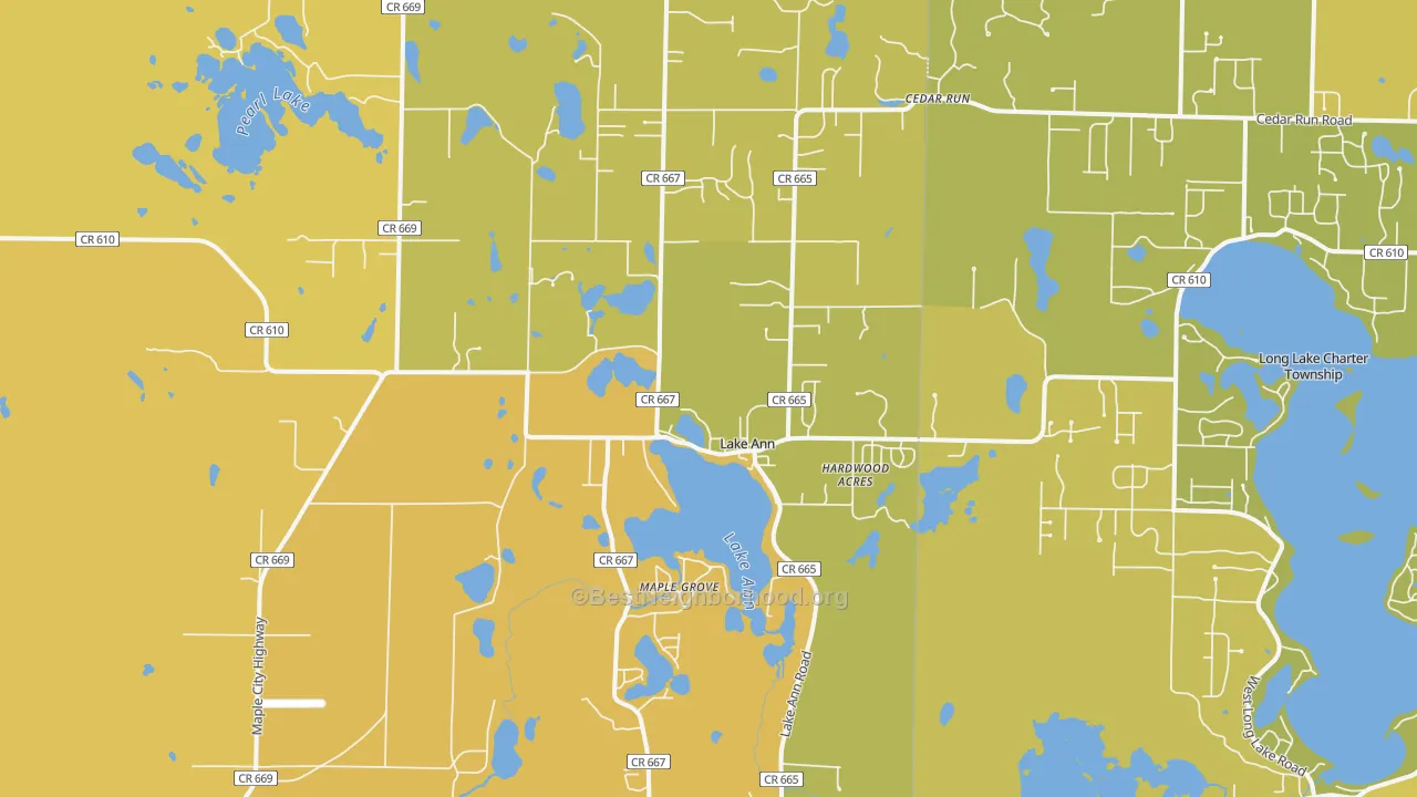 Map of the best neighborhoods in the Lake Ann area, with better matches in green and worse matches in red