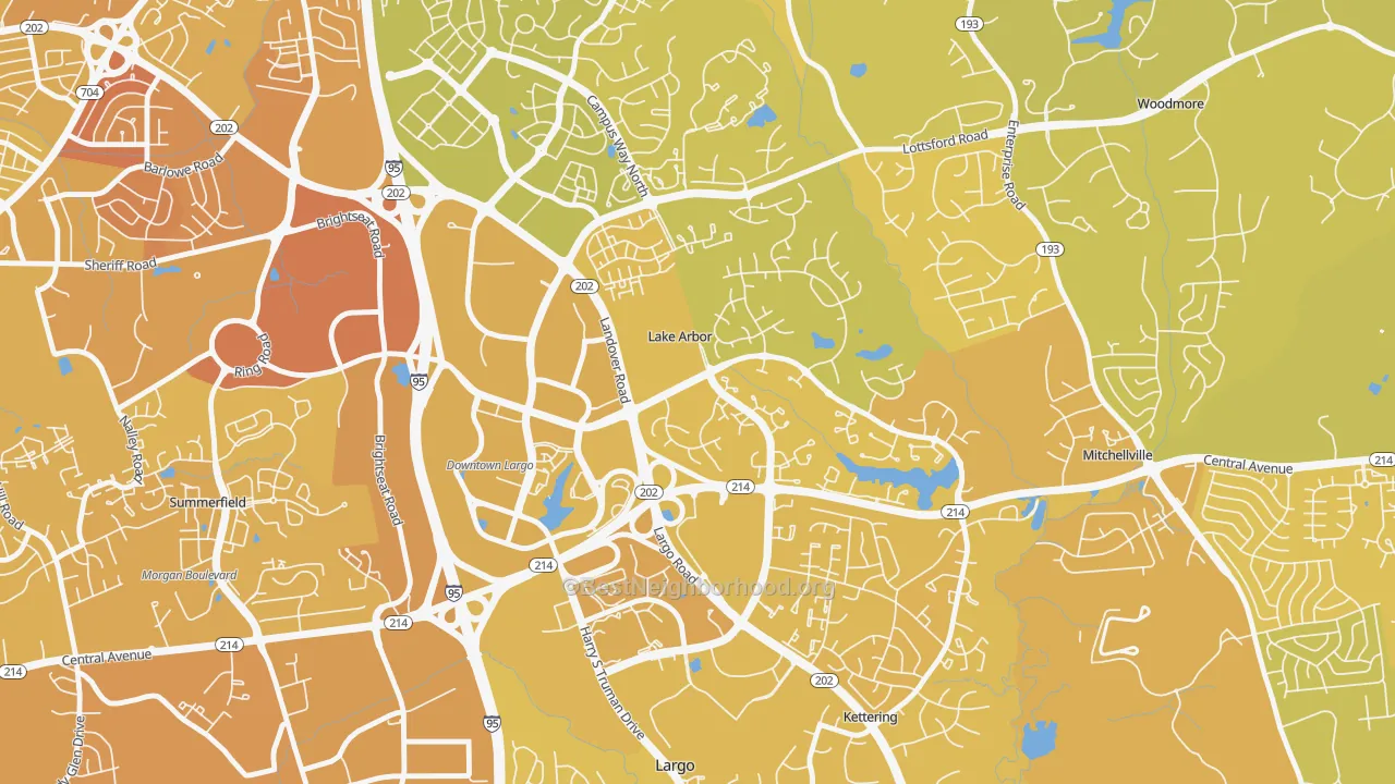 Map of the best neighborhoods in the Lake Arbor area, with better matches in green and worse matches in red