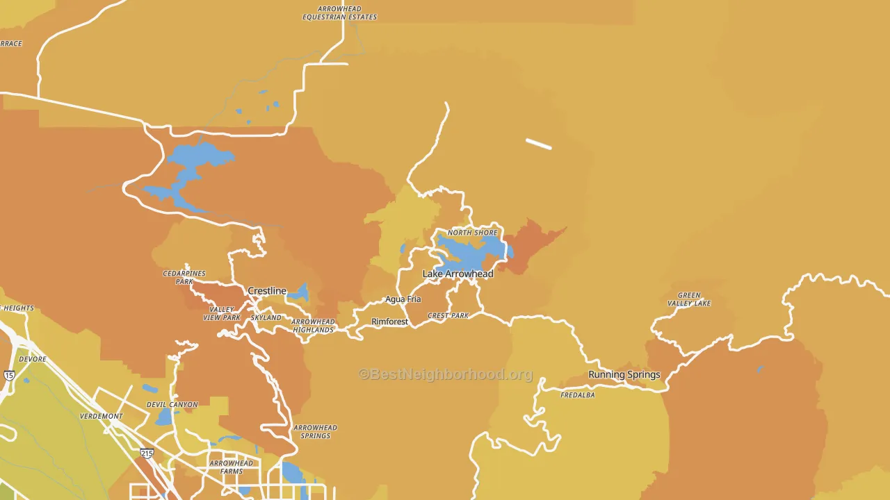 Map of the best neighborhoods in the Lake Arrowhead area, with better matches in green and worse matches in red