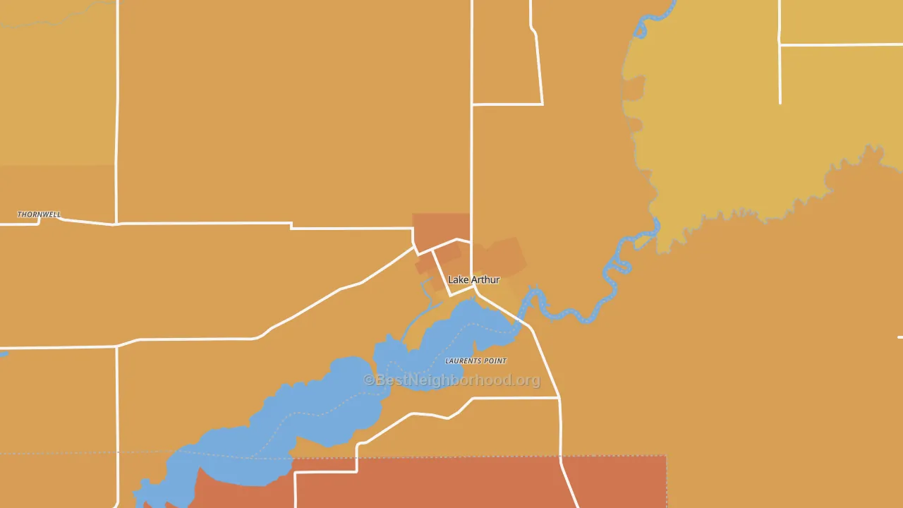 Map of the best neighborhoods in the Lake Arthur area, with better matches in green and worse matches in red