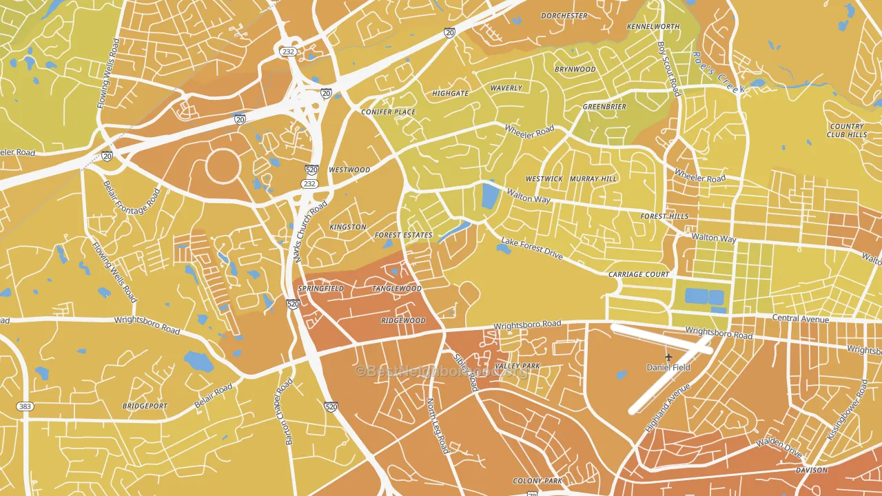 Map of the best neighborhoods in the Lake Aumond, Augusta area, with better matches in green and worse matches in red
