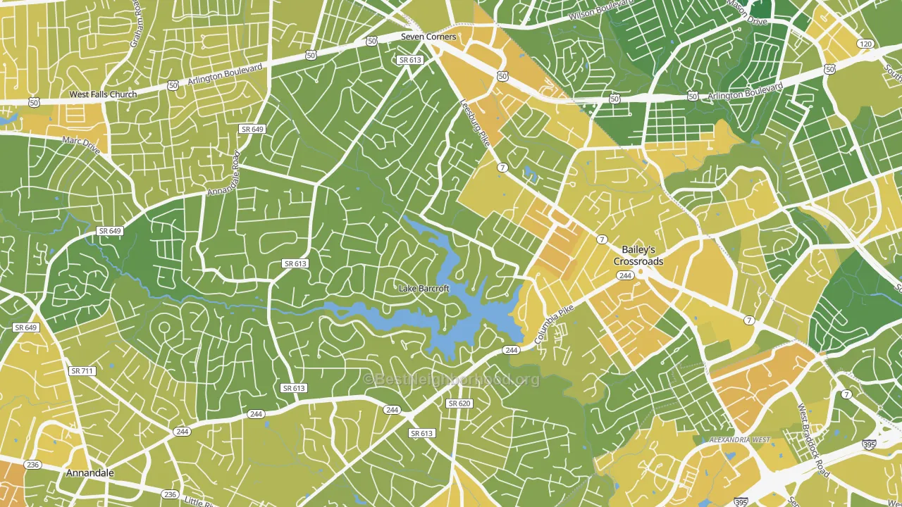 Map of the best neighborhoods in the Lake Barcroft, Falls Church area, with better matches in green and worse matches in red