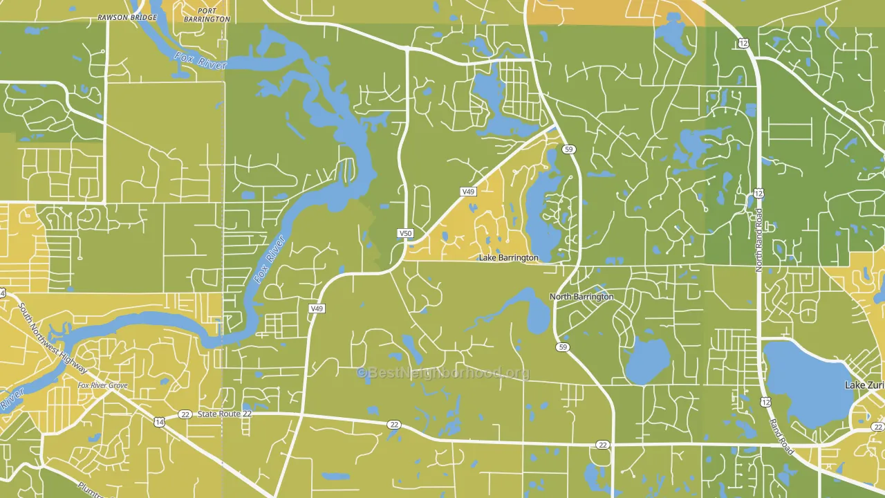 Map of the best neighborhoods in the Lake Barrington area, with better matches in green and worse matches in red