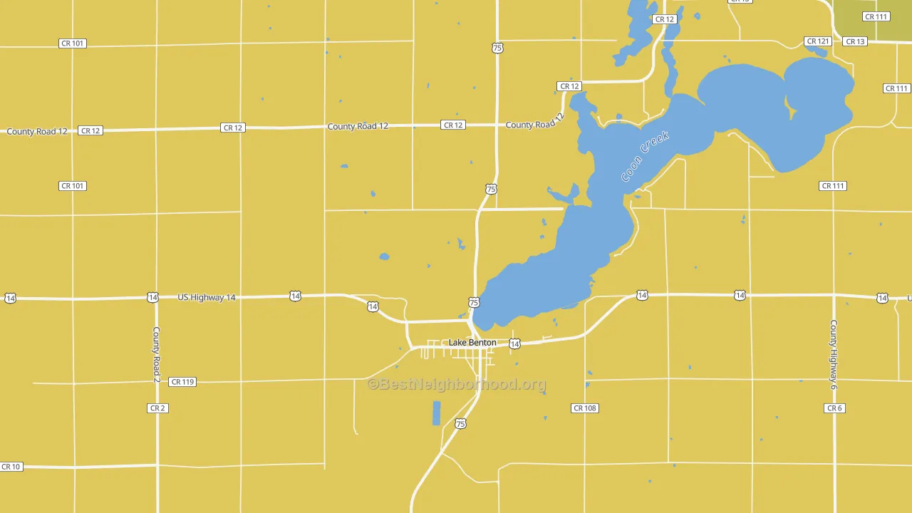 Map of the best neighborhoods in the Lake Benton area, with better matches in green and worse matches in red