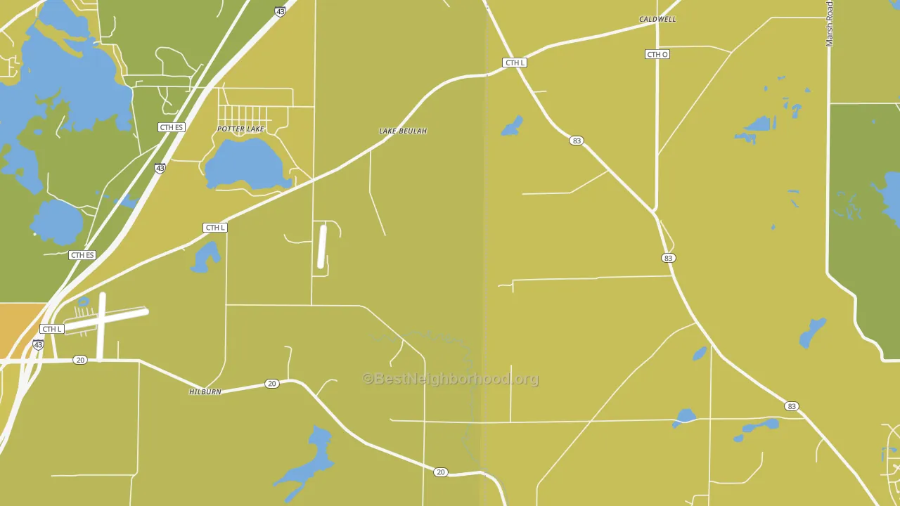 Map of the best neighborhoods in the Lake Beulah area, with better matches in green and worse matches in red