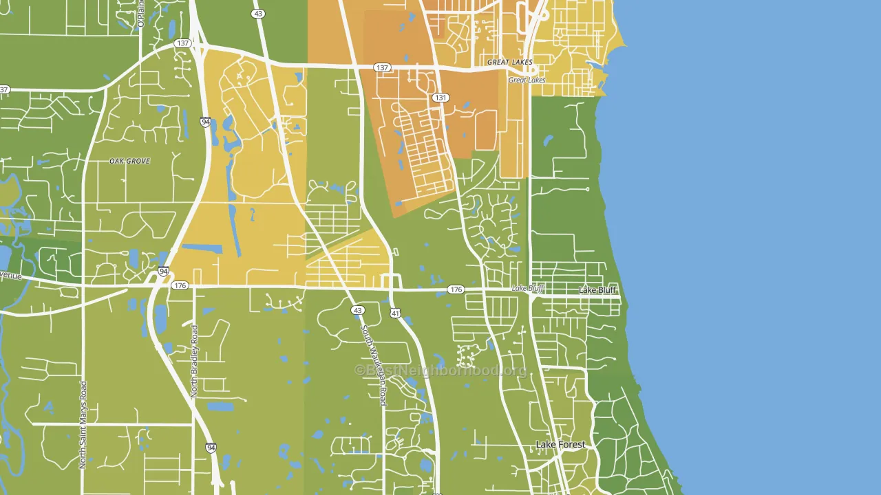 Map of the best neighborhoods in the Lake Bluff area, with better matches in green and worse matches in red