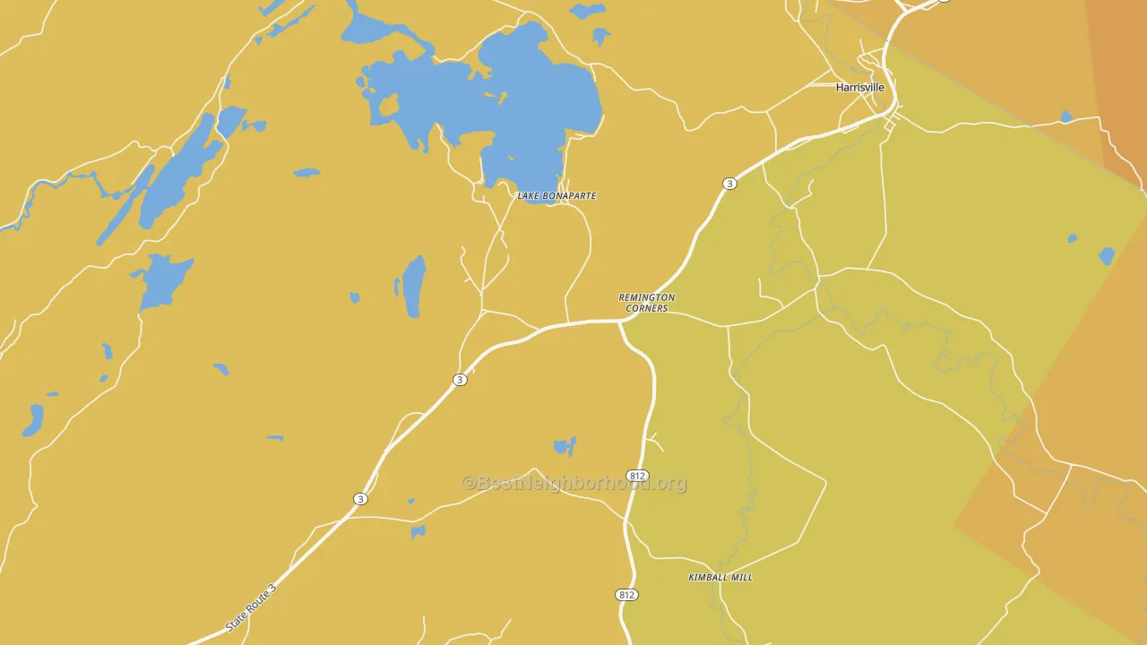 Map of the best neighborhoods in the Lake Bonaparte area, with better matches in green and worse matches in red