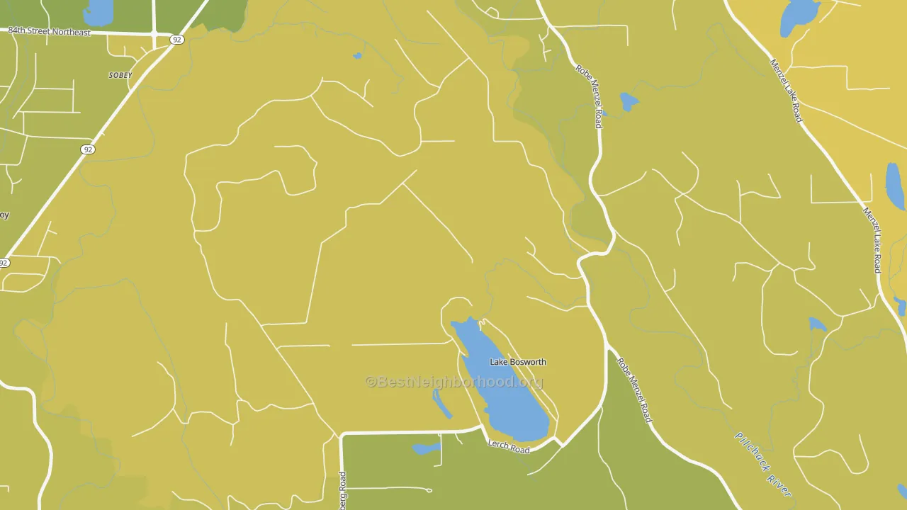 Map of the best neighborhoods in the Lake Bosworth area, with better matches in green and worse matches in red