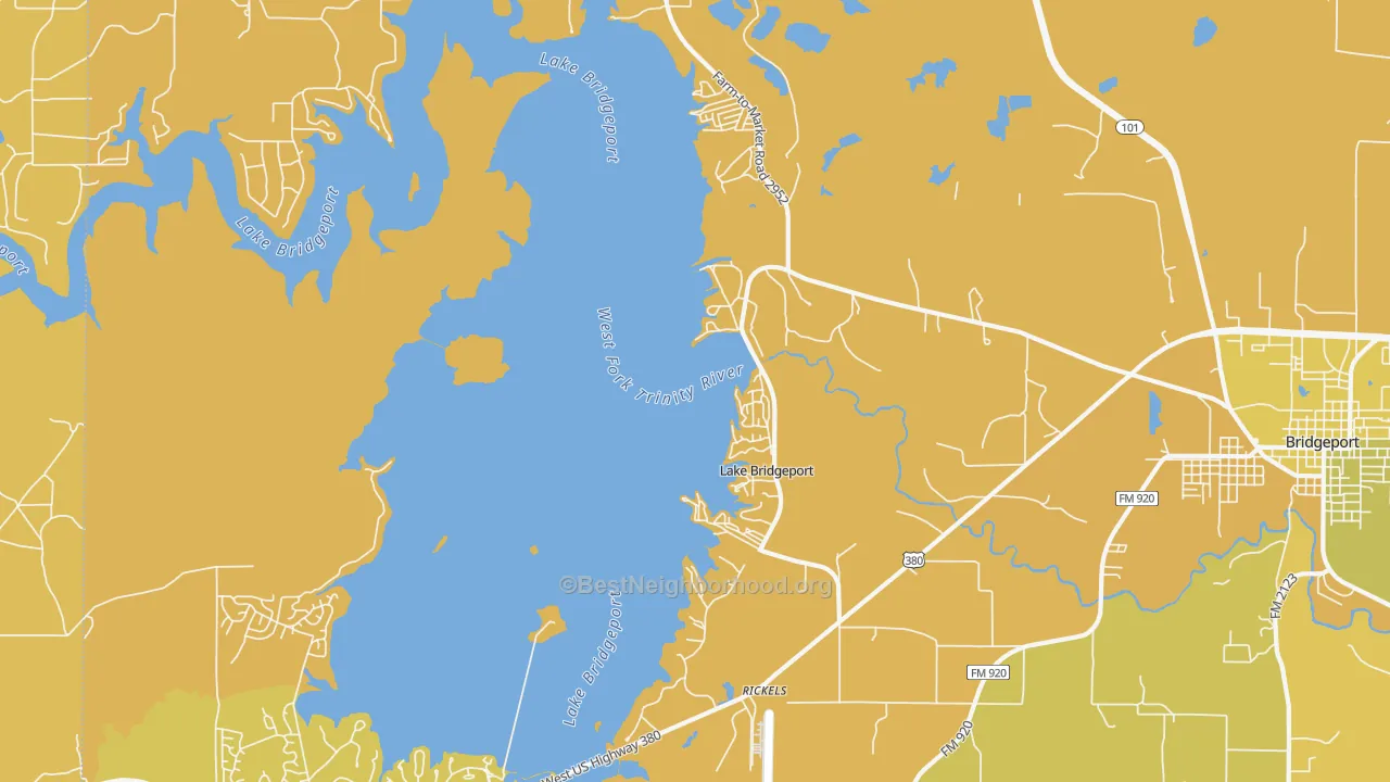 Map of the best neighborhoods in the Lake Bridgeport area, with better matches in green and worse matches in red