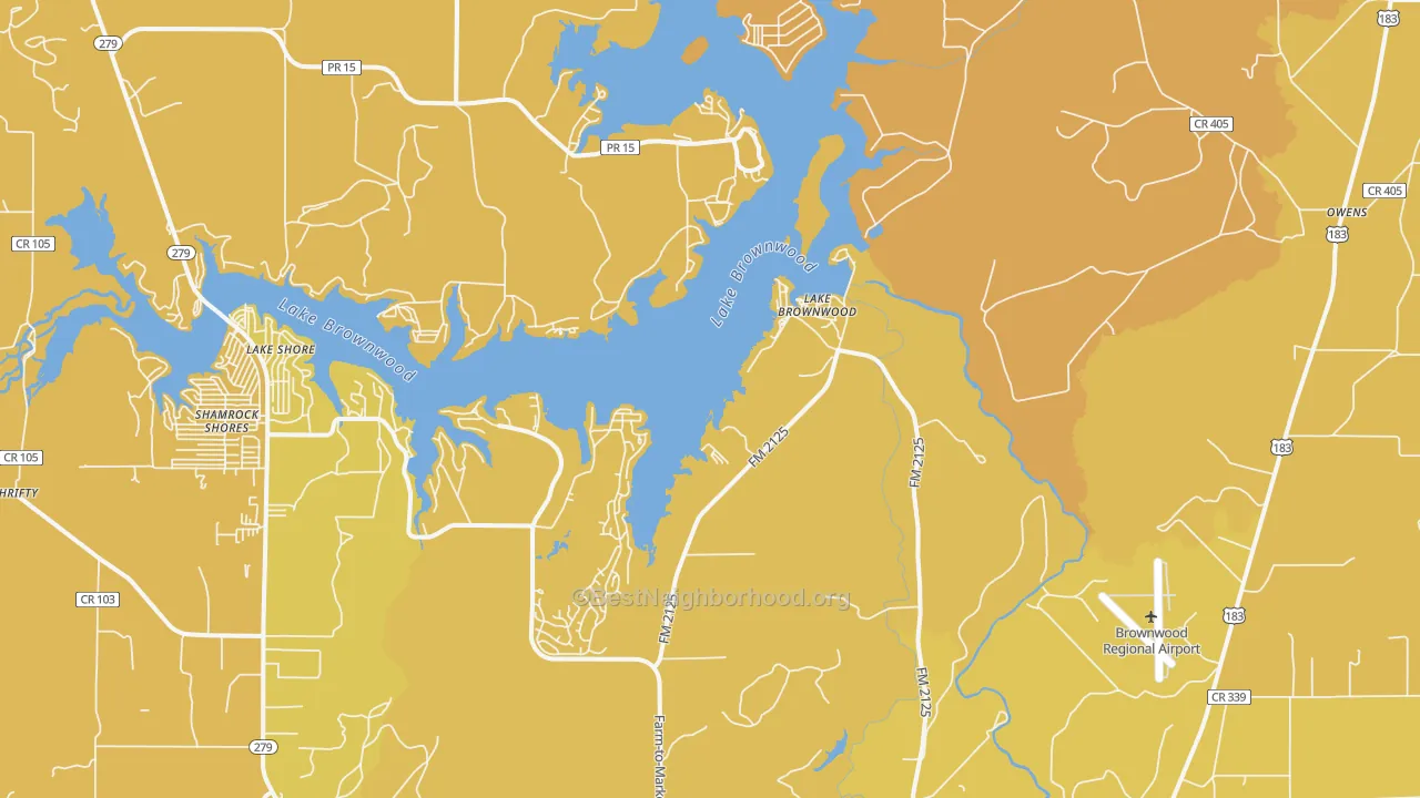 Map of the best neighborhoods in the Lake Brownwood area, with better matches in green and worse matches in red