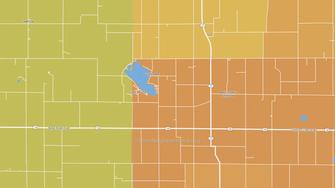Map of the best neighborhoods in the Lake Bruce area, with better matches in green and worse matches in red