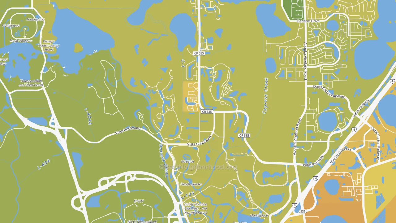Map of the best neighborhoods in the Lake Buena Vista area, with better matches in green and worse matches in red
