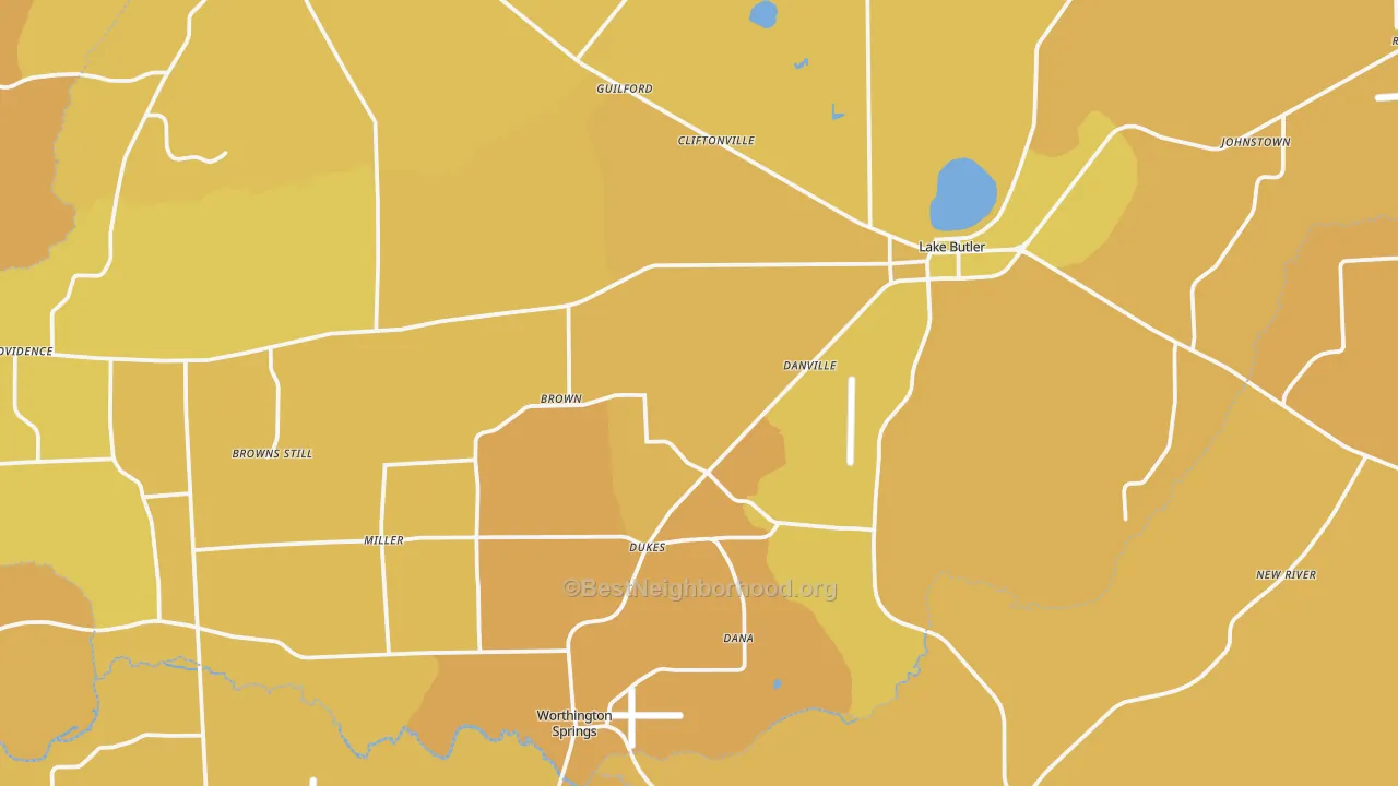 Map of the best neighborhoods in the Lake Butler area, with better matches in green and worse matches in red